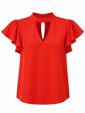 Wishful Park Red Keyhole Mock Neck Ruffle Sleeve Blouse